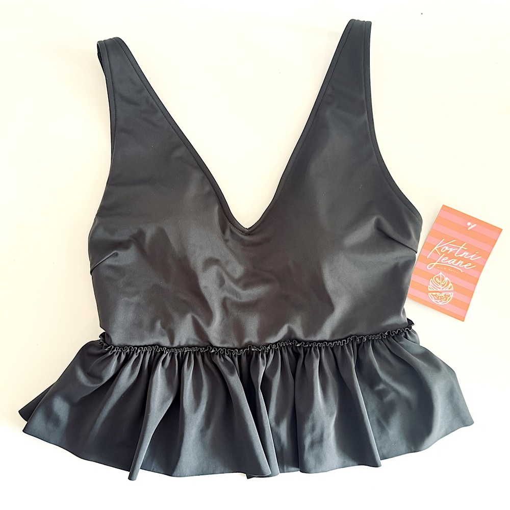 Kortni Jeane Womens Vneck Peplum Swim Top || Size Medium || Black || NEW!